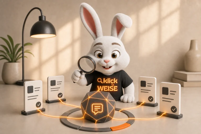 Klickweise-Maskottchen visualisiert KI-Zitationen in einer eigenständigen Mess- und Analyseszene.